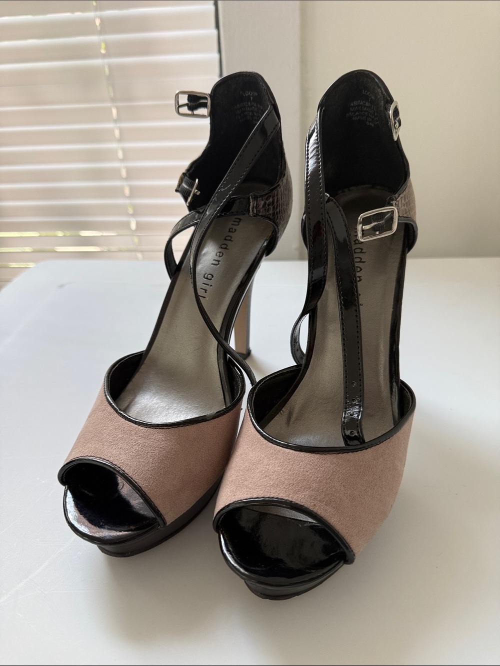 Madden Girl Taupe Suede & Black Patent Peep-Toe Platform Heels